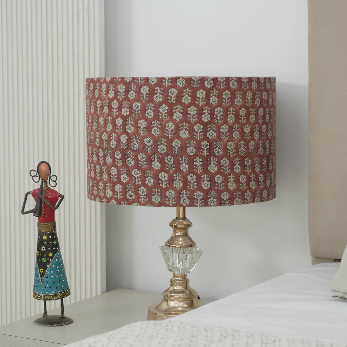 Block Print Drum Lampshade on Heavy Linen - Rust Tulsi Buti