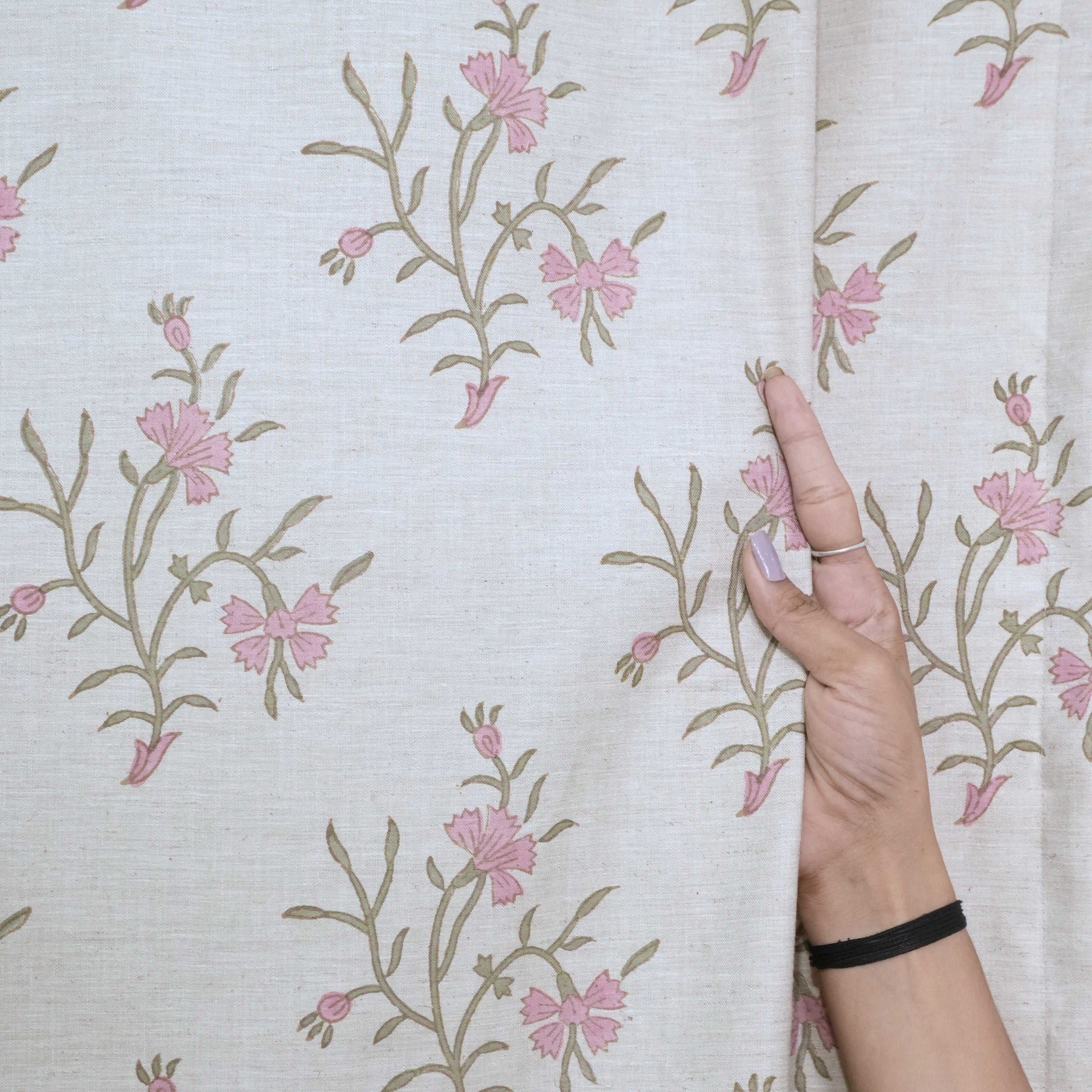 Strawberry Hand Block Print Tab Top Curtains | Pink Linen