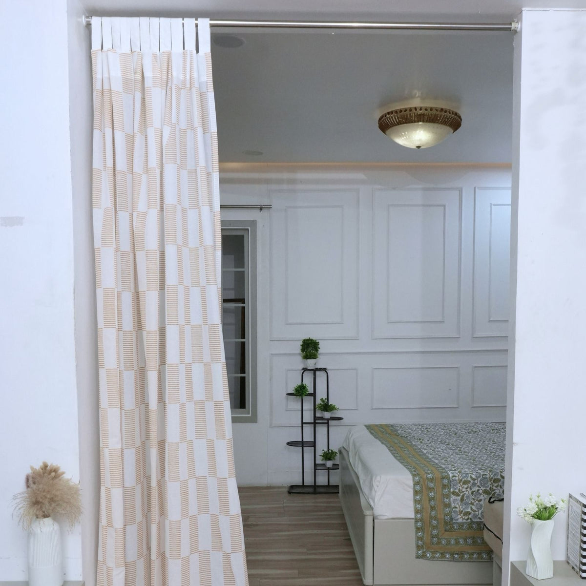 Pure Cotton Hand Block Print Tab Top Curtain - Zig Zag