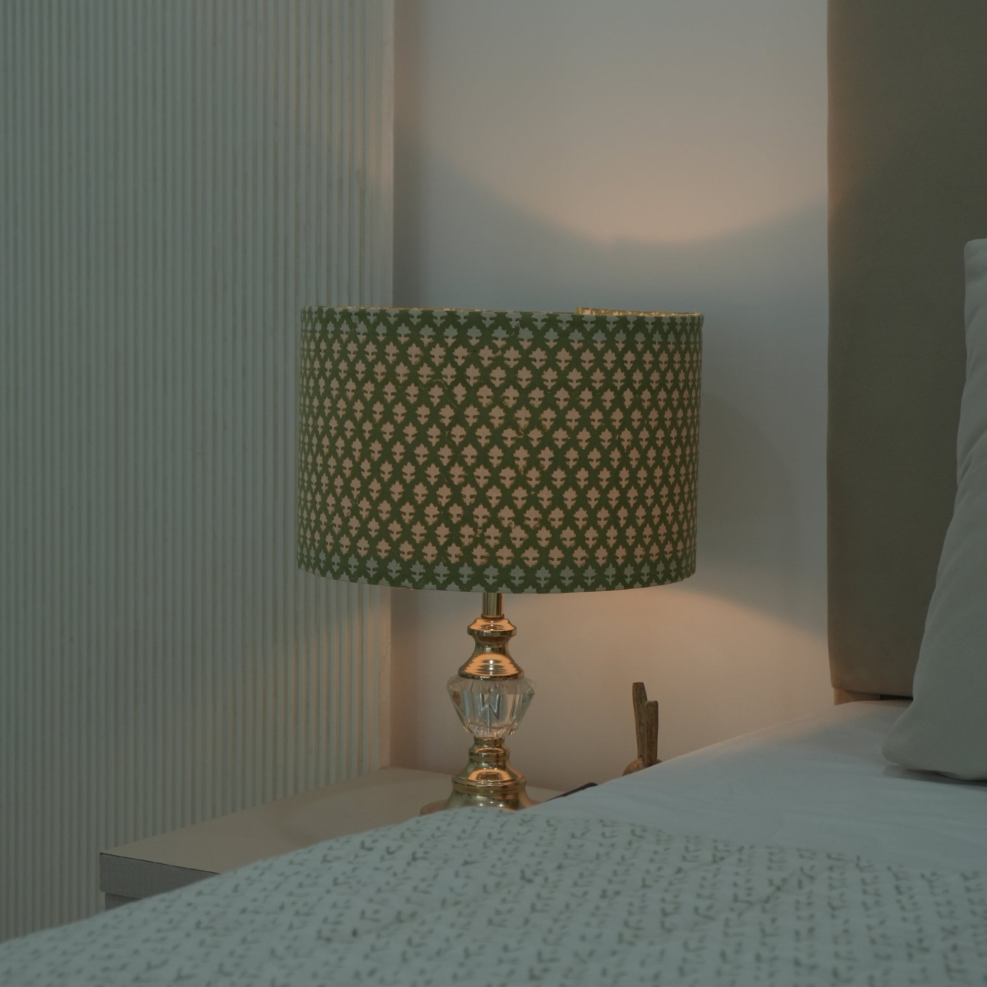 Indian Block Print Pure Linen Drum Lampshade - Pinkcity Green