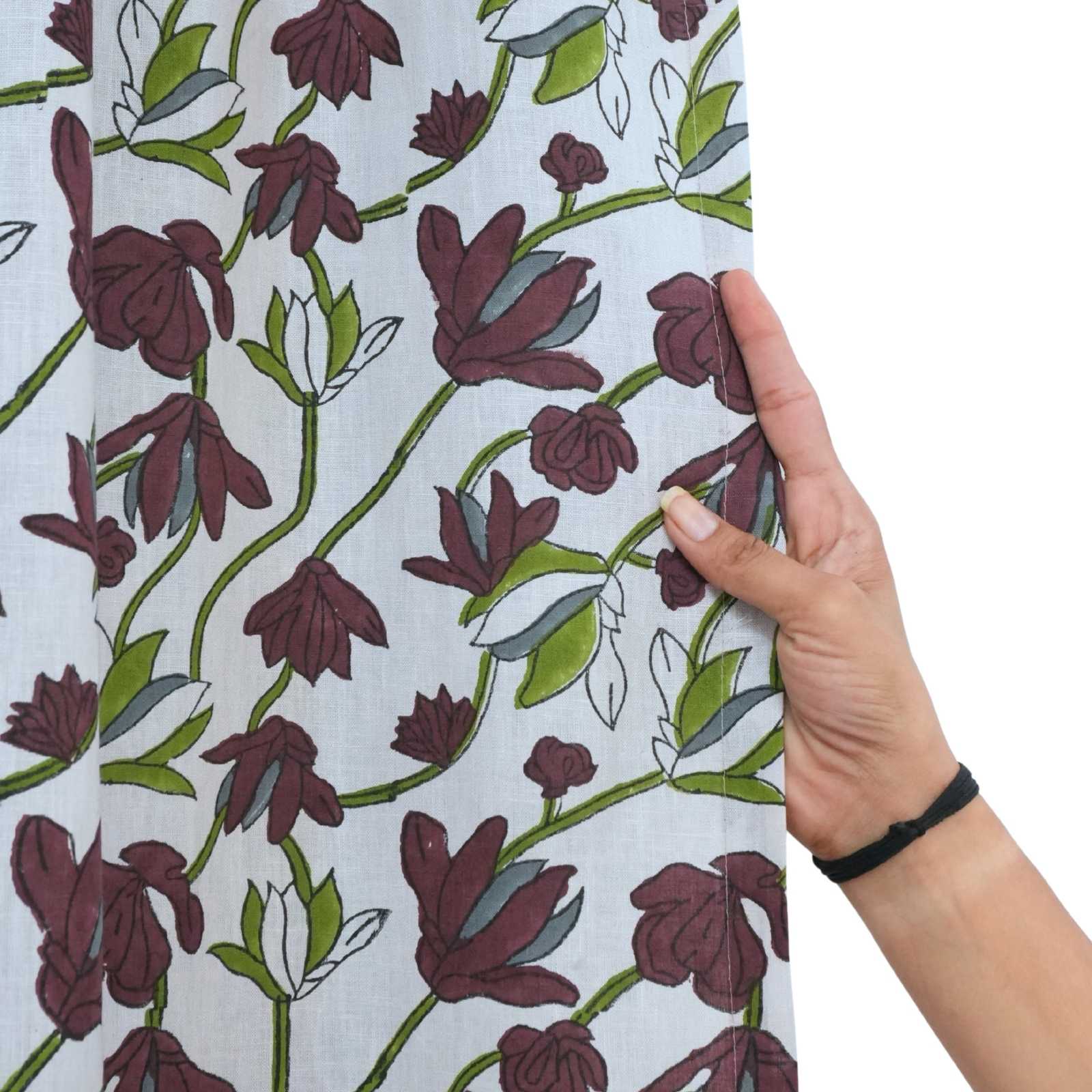 Shivri Dark Brown Floral Block Print Viscose Linen Tab Top Curtains