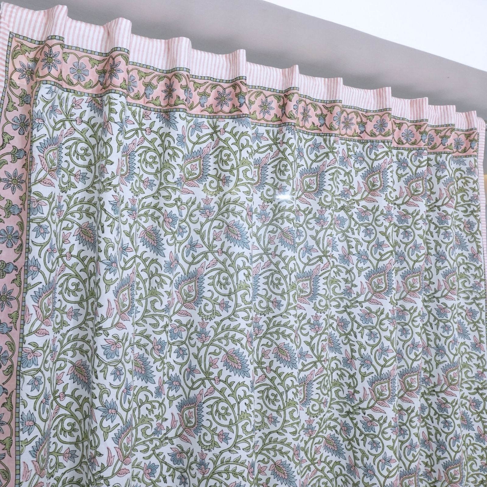 Wooden Block Print Pink Floral Cotton Curtain - Hawamahal