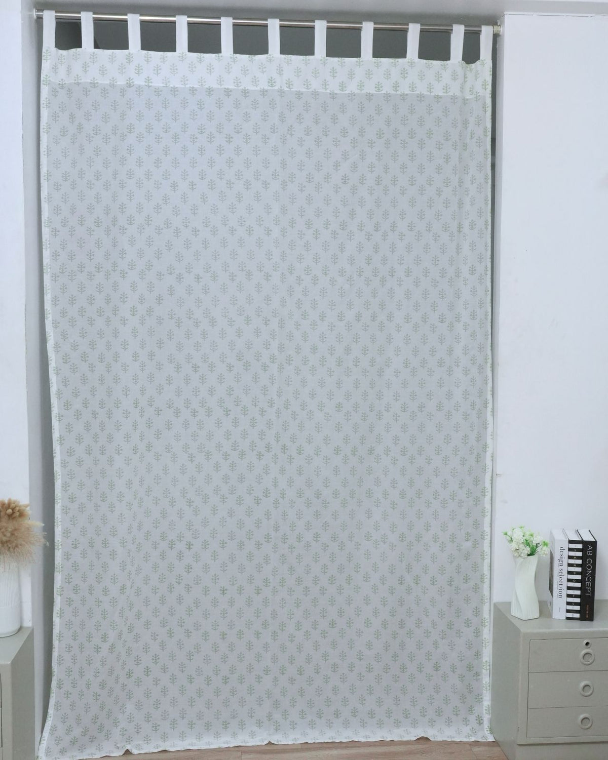 Jasmine Block Print Sage Green 100% Cotton Tab Top Curtain