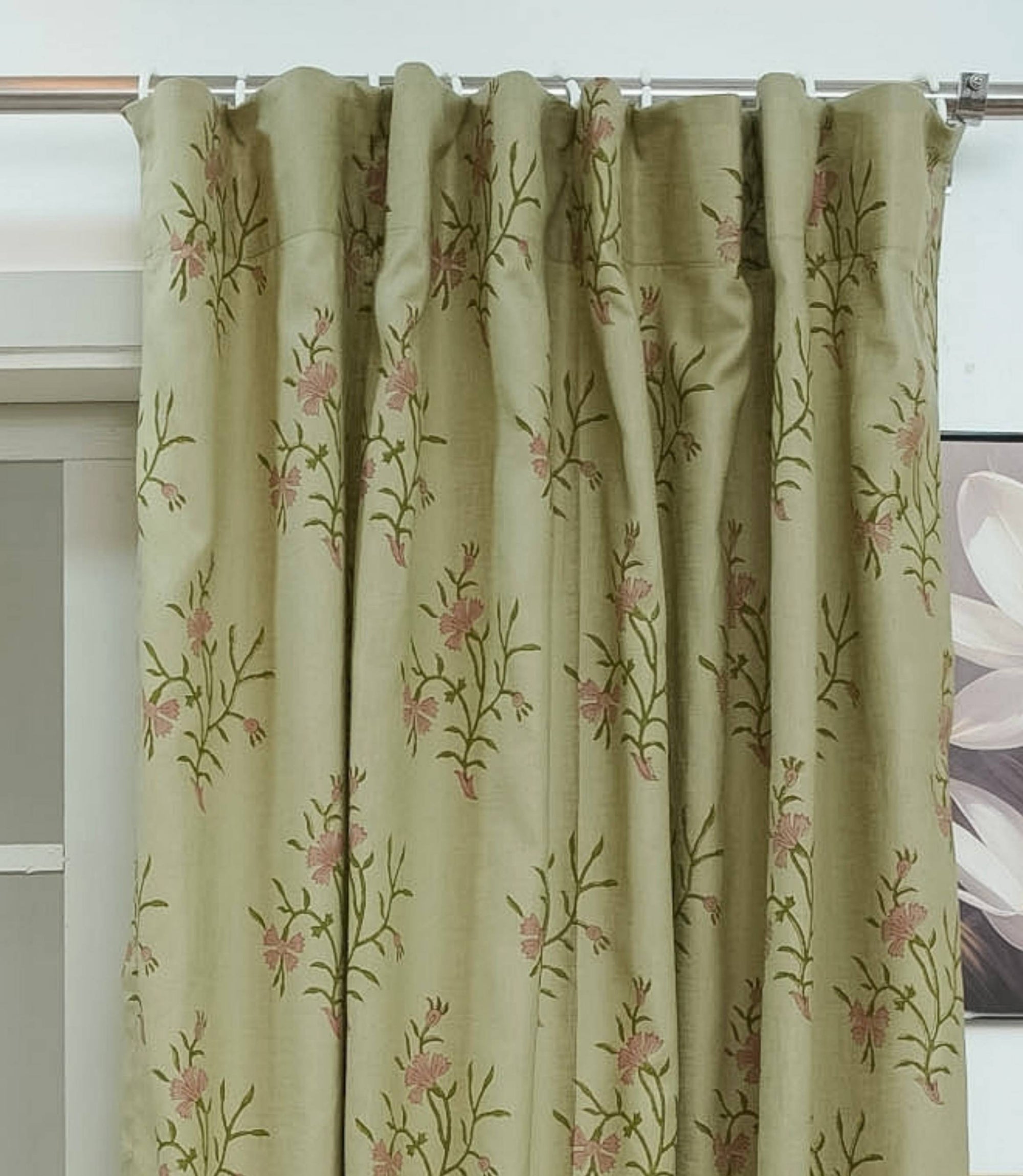 Block Print Gray Floral Linen Bedroom Window Curtains - Daisy
