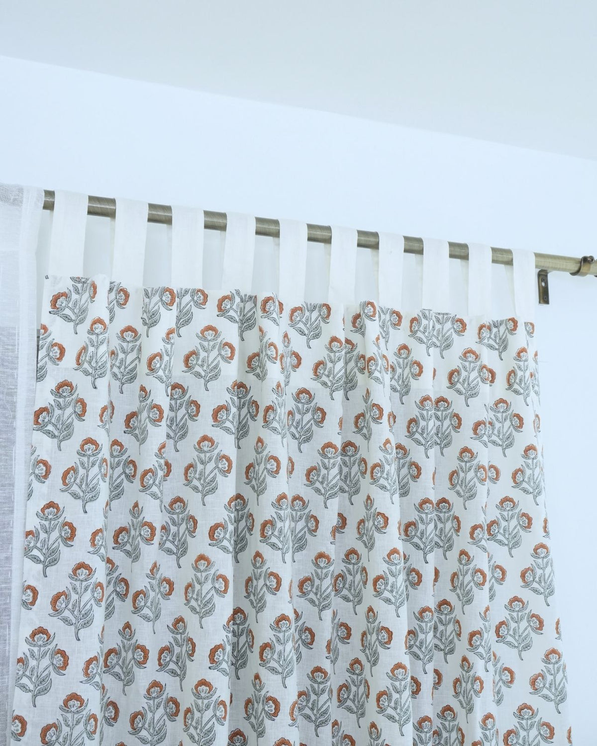 Block Print Rust Floral Viscose Linen Curtain - Bael Patra