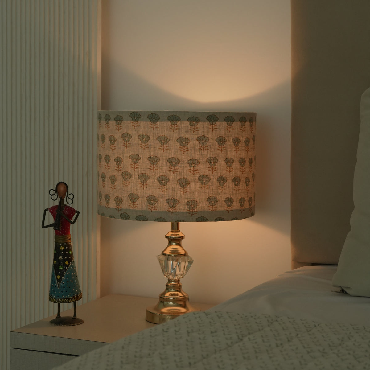 Indian Block Print Grey Floral Pure Linen Lampshade - Kohinoor