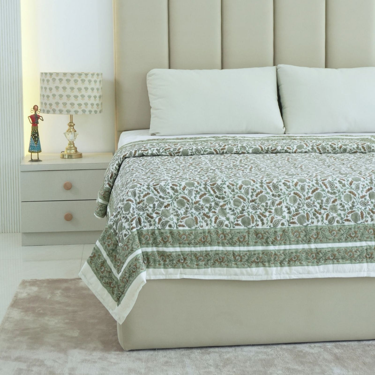 Block Print Sage Green Cotton Reversible Quilt - Gopi