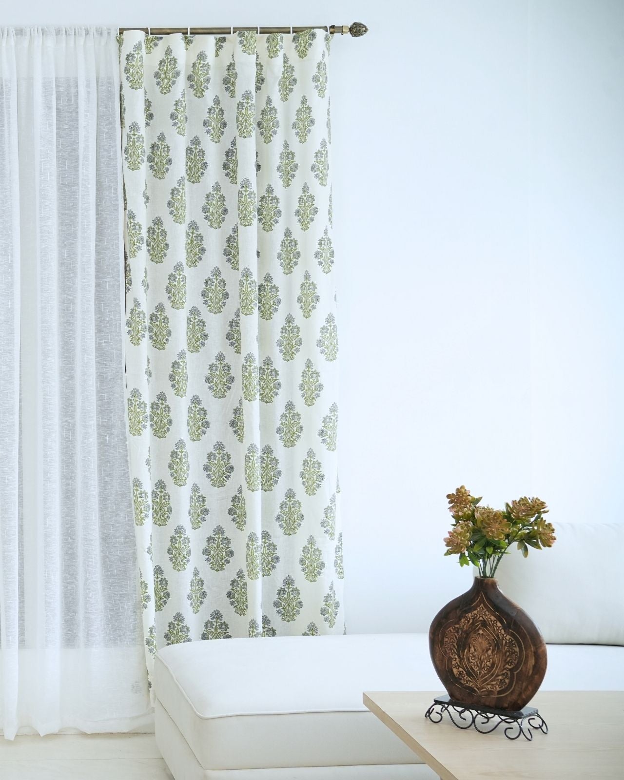 Indian Block Print Ring Curtain in Green &amp; Grey Floral - Morpankh