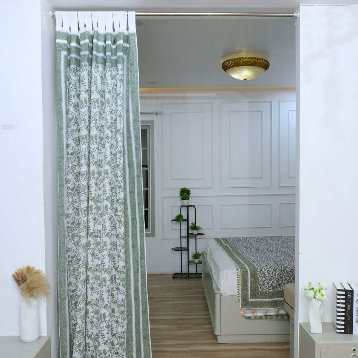 Block Print Arpan Sage Green Floral Cotton Curtain