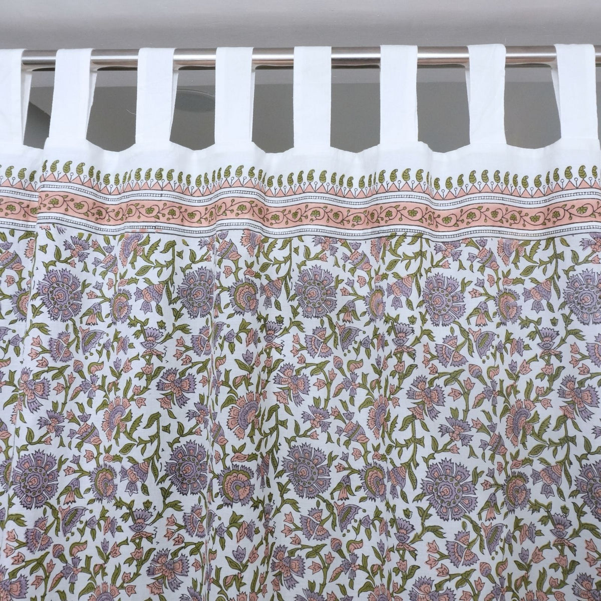 Indian Artisan Block Print Cotton Tab Top Curtain - Pushplata