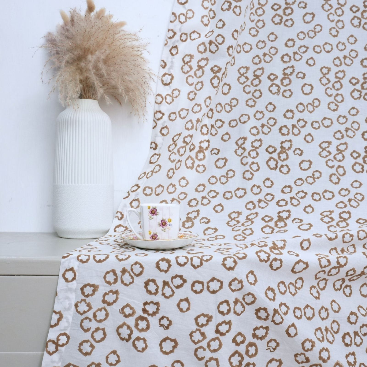 Tara Indian Block Printed Cotton Tab Top Floral Curtain 