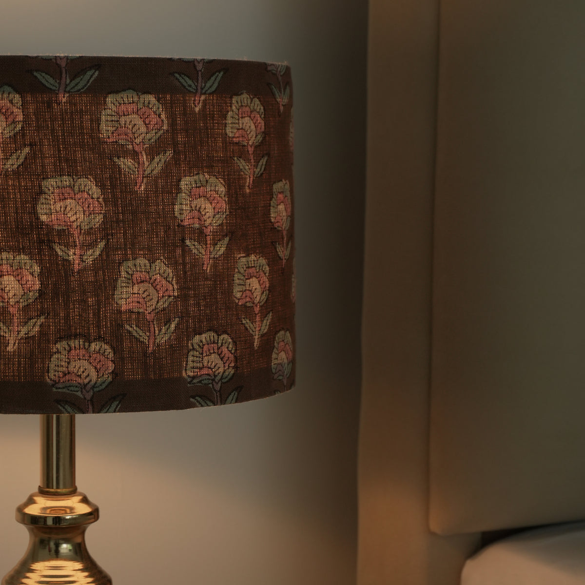 Brown Floral Wooden Block Print Linen Lampshade - Rohini