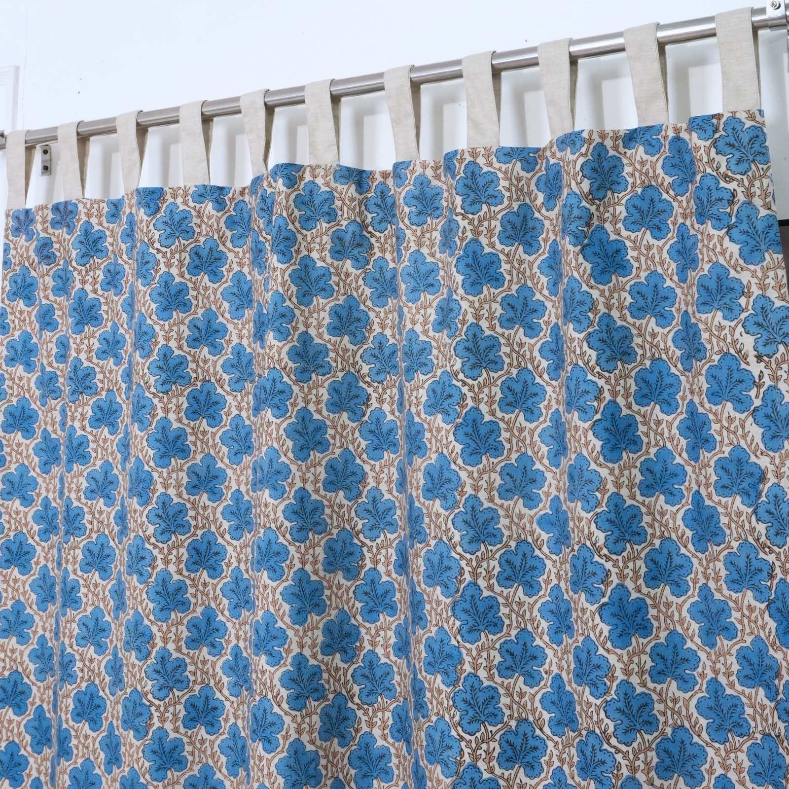 Cornflower Blue Leaf Vine Hand Block Print Linen Tab Top Drapes - Pushpsamhita