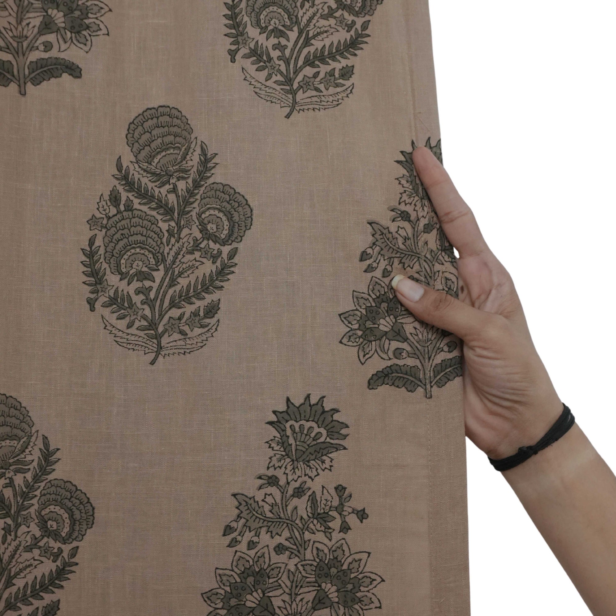 Mohini Gray Floral Hand Block Print Viscose Linen Tab Top Curtains