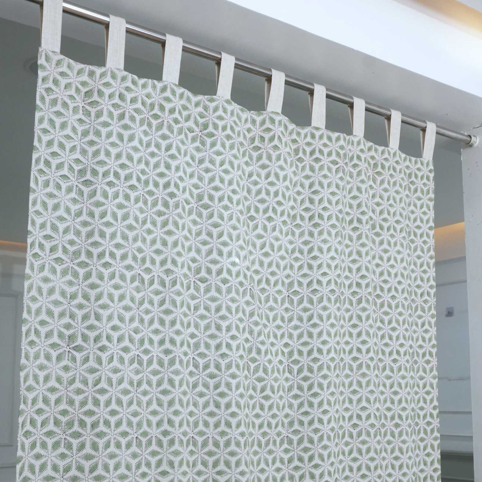 Block Print Tab Top Linen Curtains Shatkon Sage Green