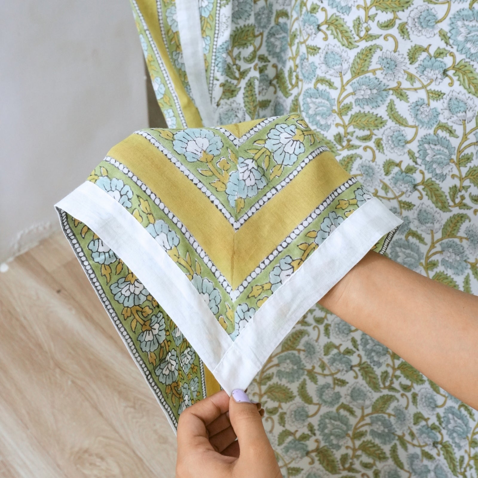 Hand Printed Blue Floral Pure Cotton Boho Curtain - Mandakani
