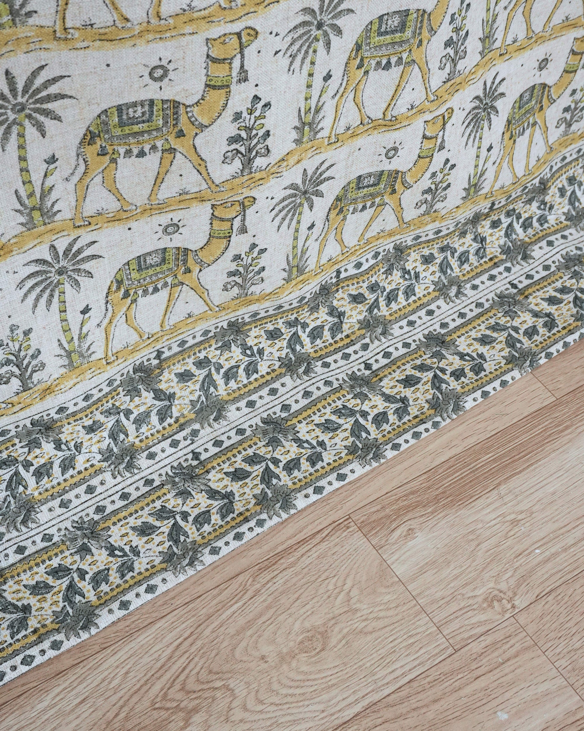 Camel Hand Block Print Tab Top Curtains — Gray &amp; Yellow Viscose Linen