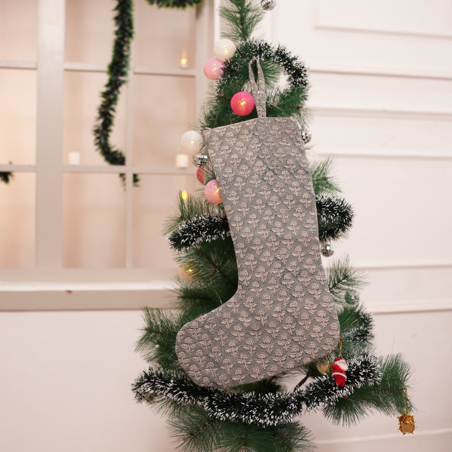 Handcrafted Gulmohar Gray & Beige Floral Thick Linen Block Printed Christmas Stockings with Charming Pom Pom Detailing