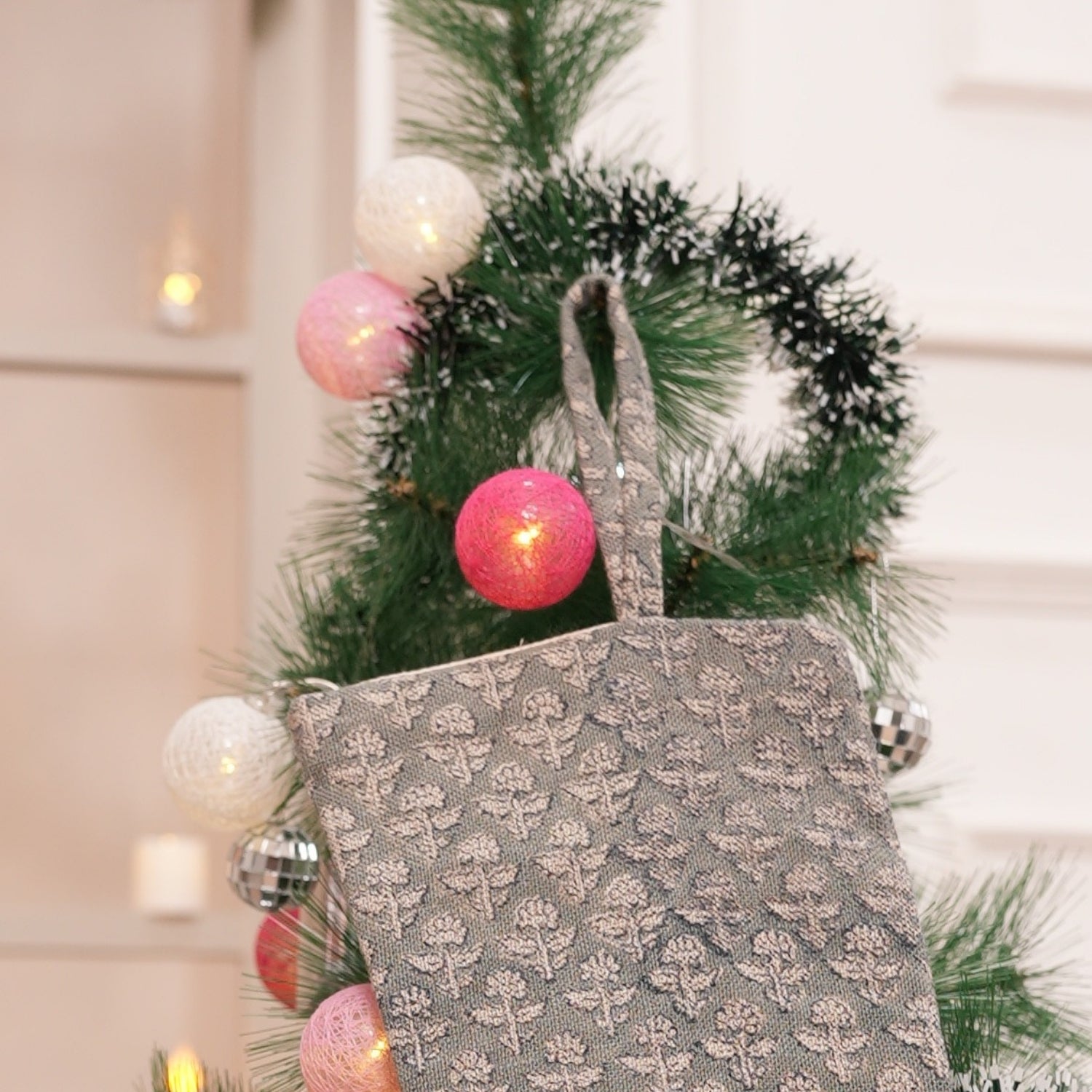 Handcrafted Gulmohar Gray & Beige Floral Thick Linen Block Printed Christmas Stockings with Charming Pom Pom Detailing