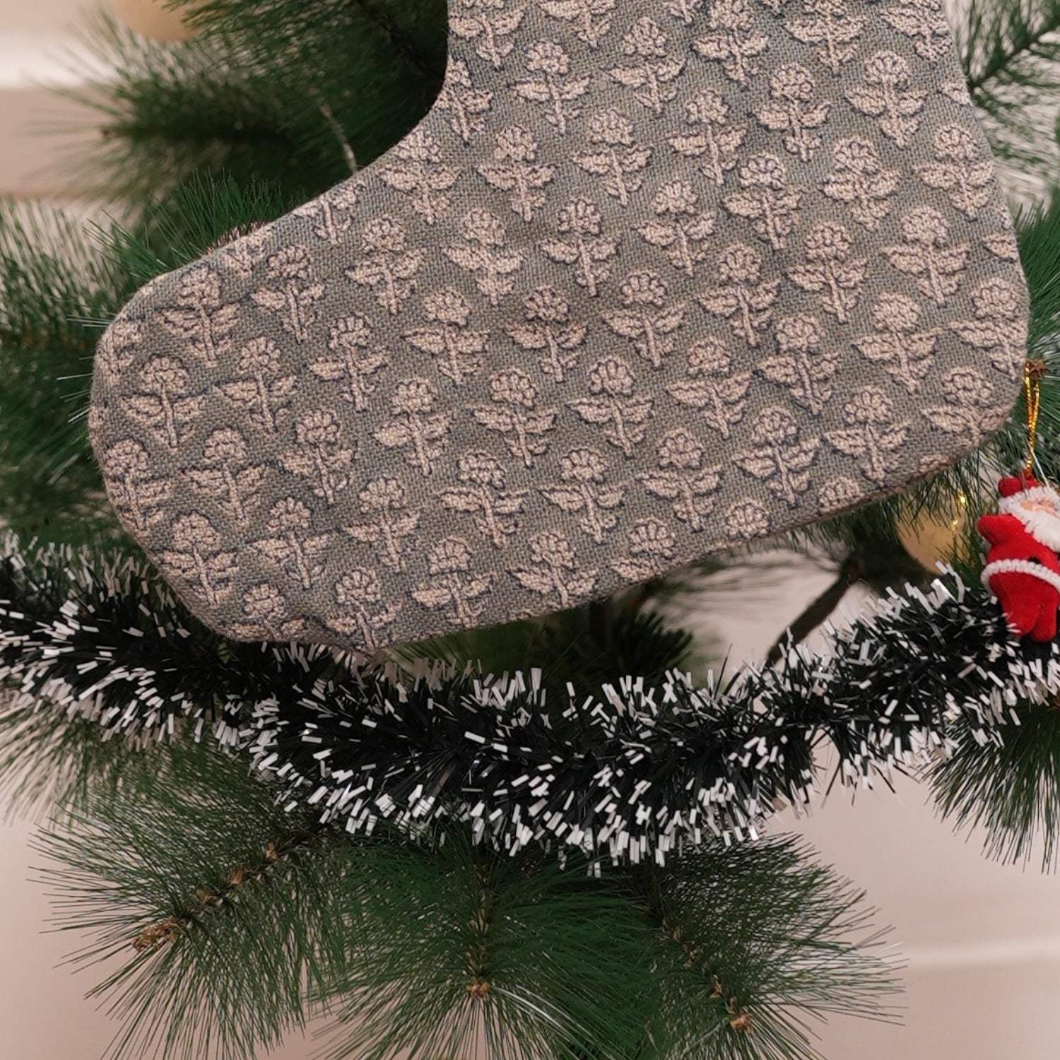 Handcrafted Gulmohar Gray & Beige Floral Thick Linen Block Printed Christmas Stockings with Charming Pom Pom Detailing
