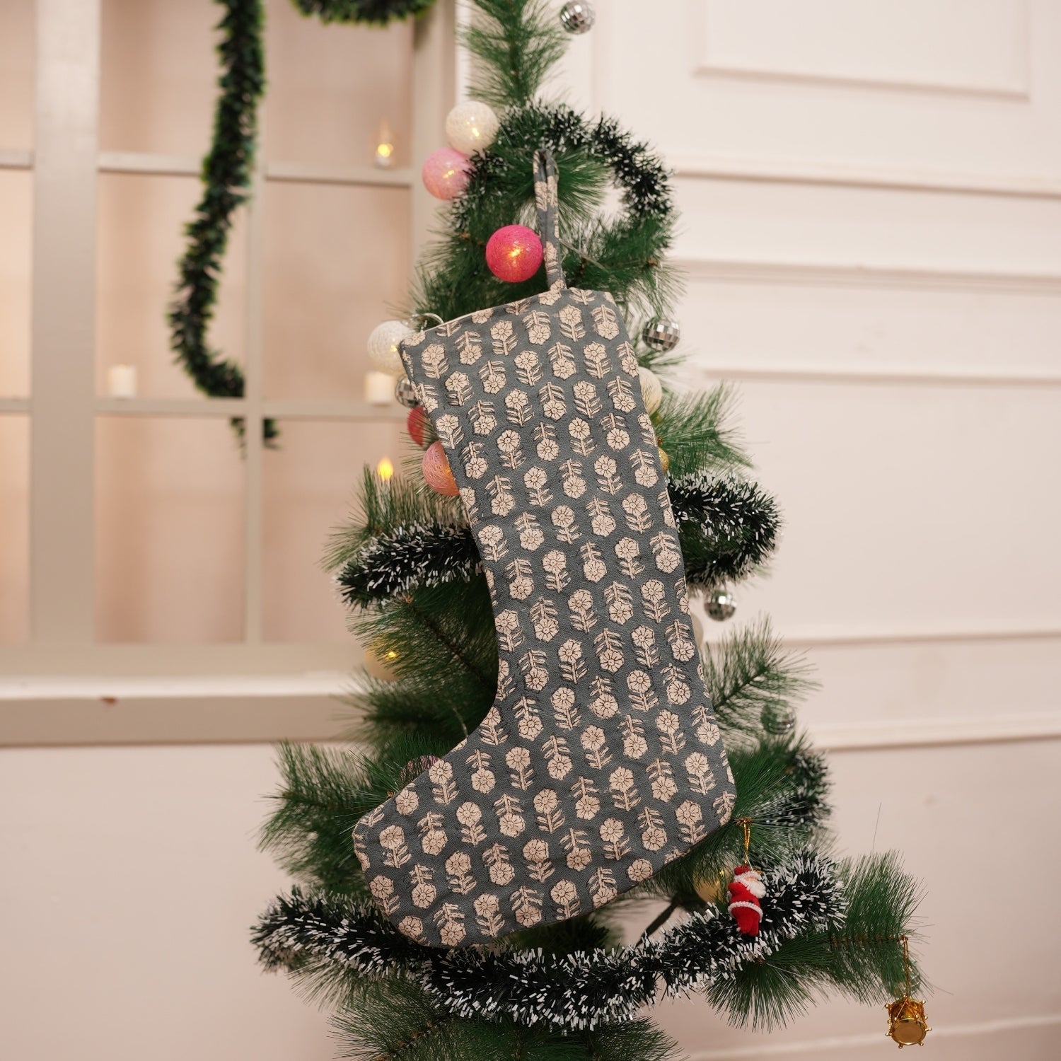Handcrafted Tulsi Buti Gray & Beige Floral Pure Linen Block Printed Christmas Stockings Elegant Festive Farmhouse Decor