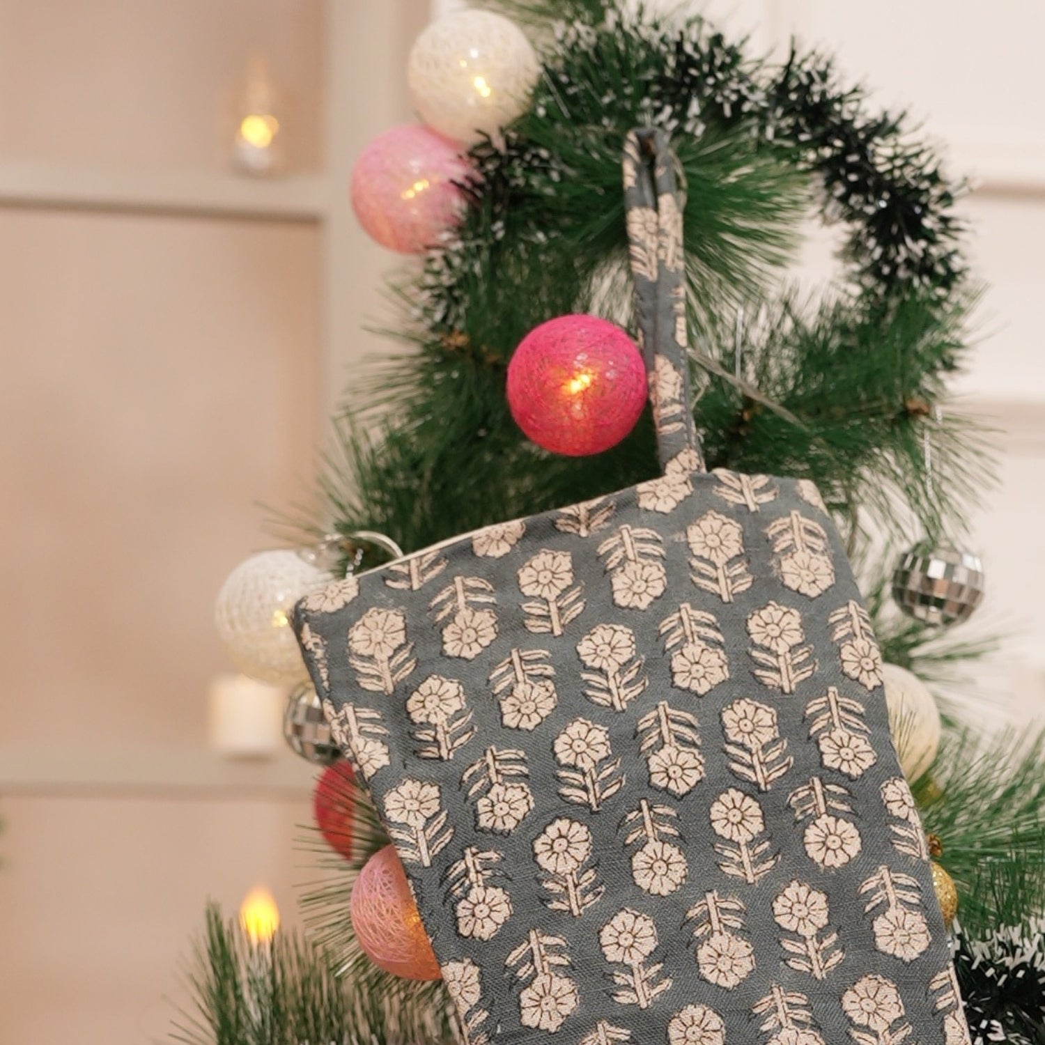 Handcrafted Tulsi Buti Gray & Beige Floral Pure Linen Block Printed Christmas Stockings Elegant Festive Farmhouse Decor