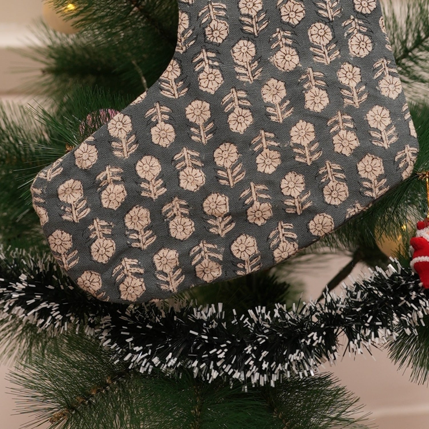 Handcrafted Tulsi Buti Gray & Beige Floral Pure Linen Block Printed Christmas Stockings Elegant Festive Farmhouse Decor