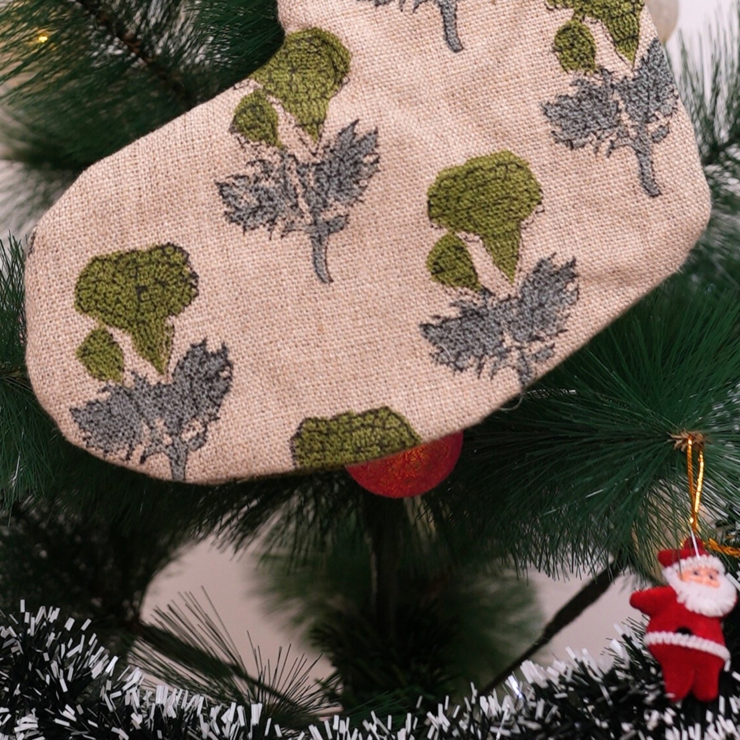 Handcrafted Thick Linen Manmohan Block Printed Christmas Stockings in Green & Blue Floral with Pompom Suitable for living rooms