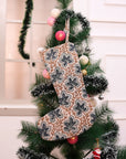 Indian Artisan Blue & Brown Floral Block Printed Pushp Samhita Christmas Stockings on Pure Linen with Pompom Perfect for Hanging on Fireplaces
