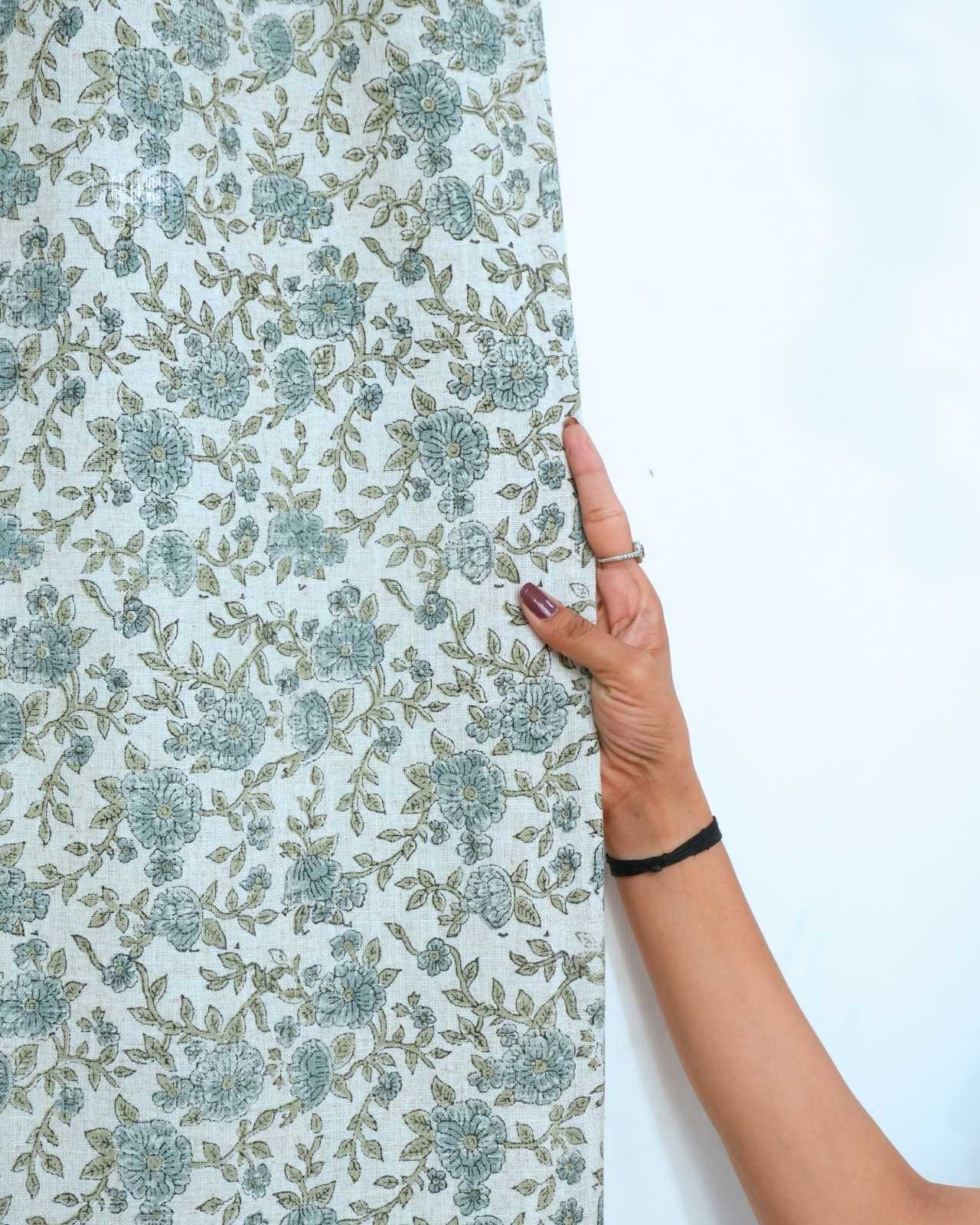 Block Print Gray Floral Heavy Viscose Linen Drapes Curtains - Suman