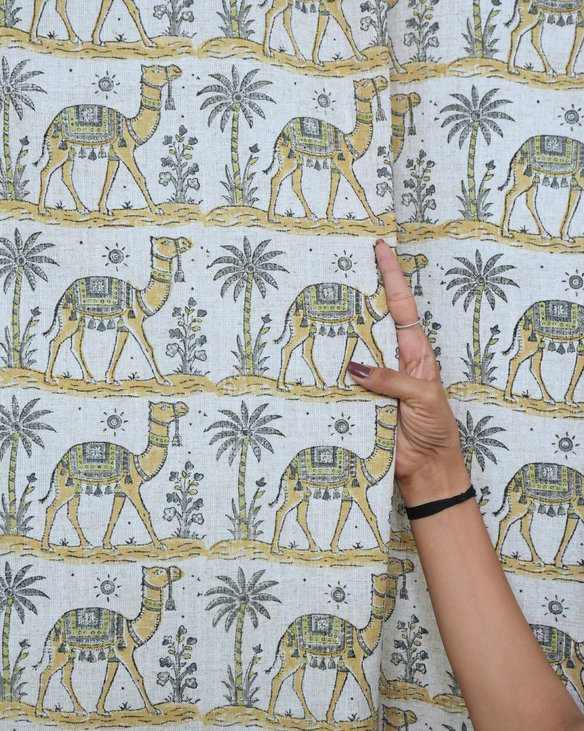 Camel Hand Block Print Tab Top Curtains — Gray &amp; Yellow Viscose Linen