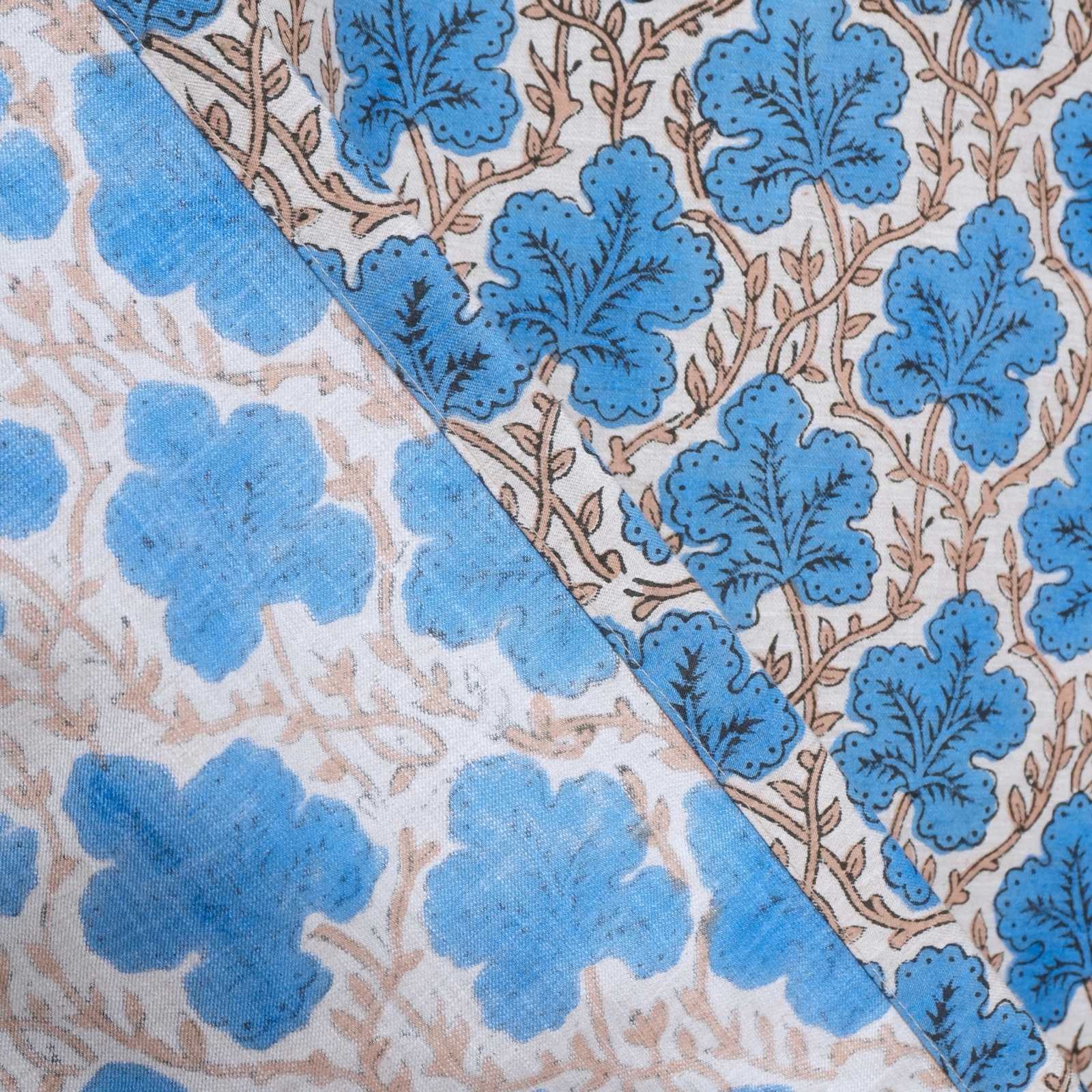 Cornflower Blue Leaf Vine Hand Block Print Linen Tab Top Drapes - Pushpsamhita