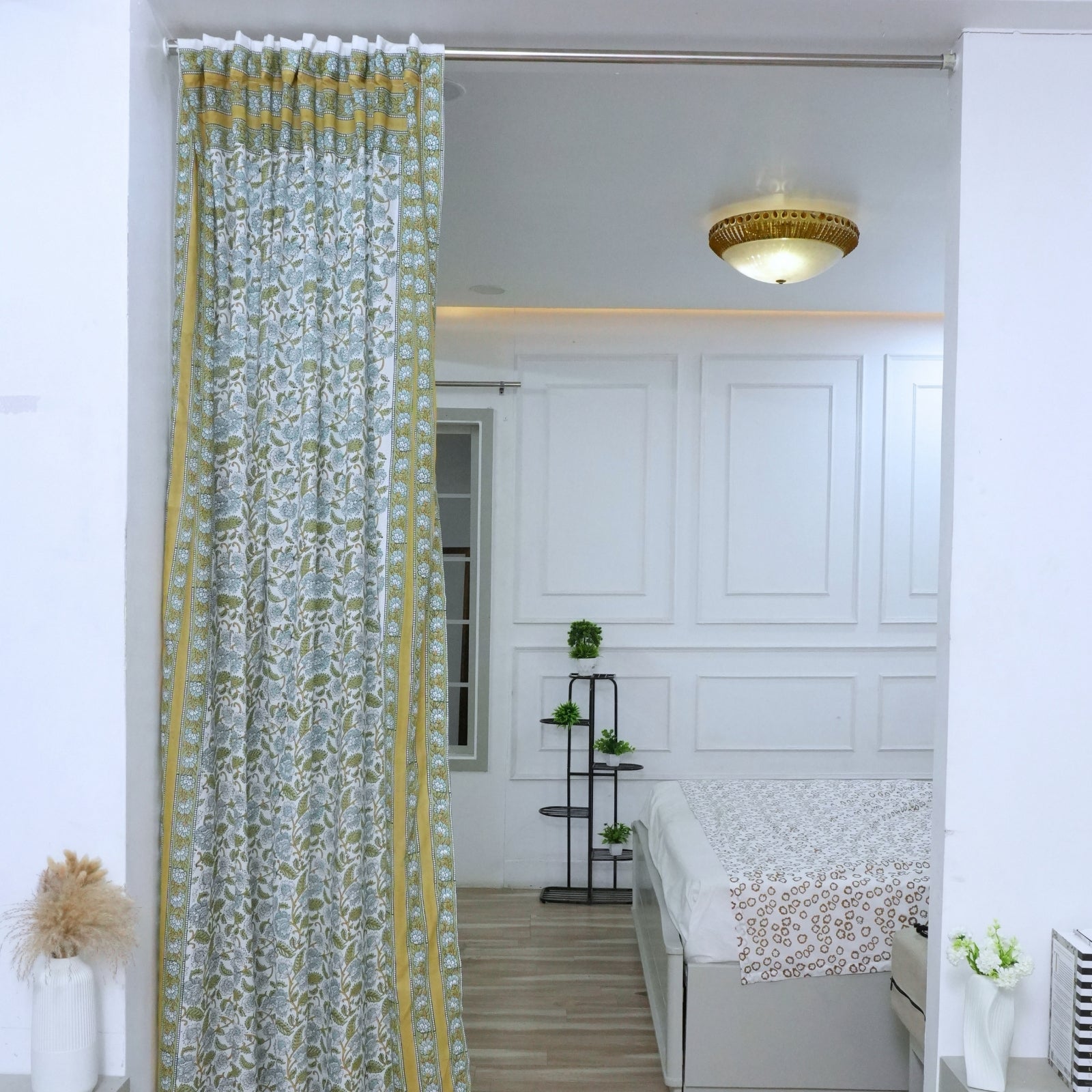 Hand Printed Blue Floral Pure Cotton Boho Curtain - Mandakani