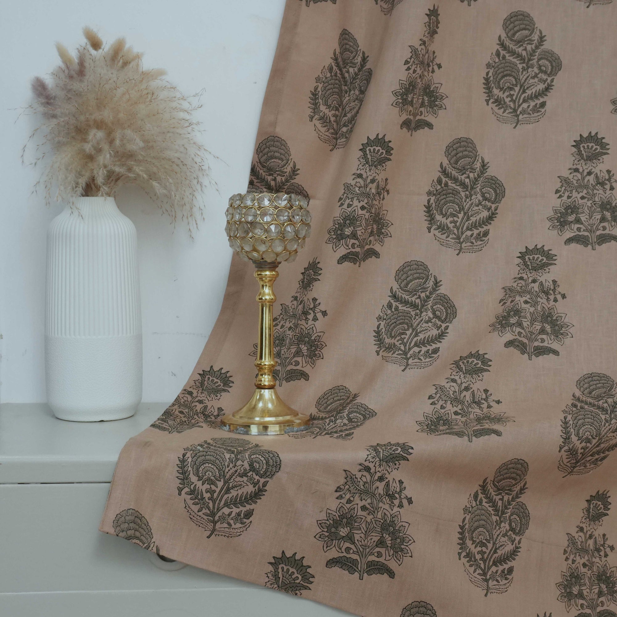 Mohini Gray Floral Hand Block Print Viscose Linen Tab Top Curtains