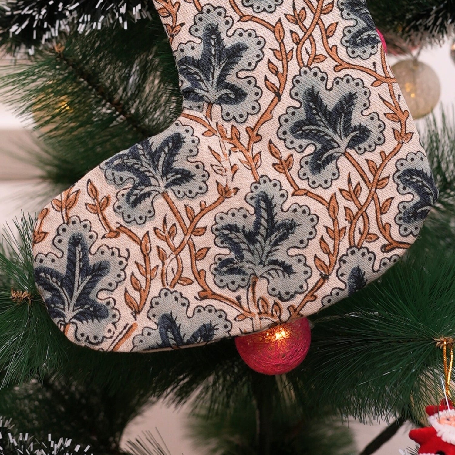 Indian Artisan Blue & Brown Floral Block Printed Pushp Samhita Christmas Stockings on Pure Linen with Pompom Perfect for Hanging on Fireplaces