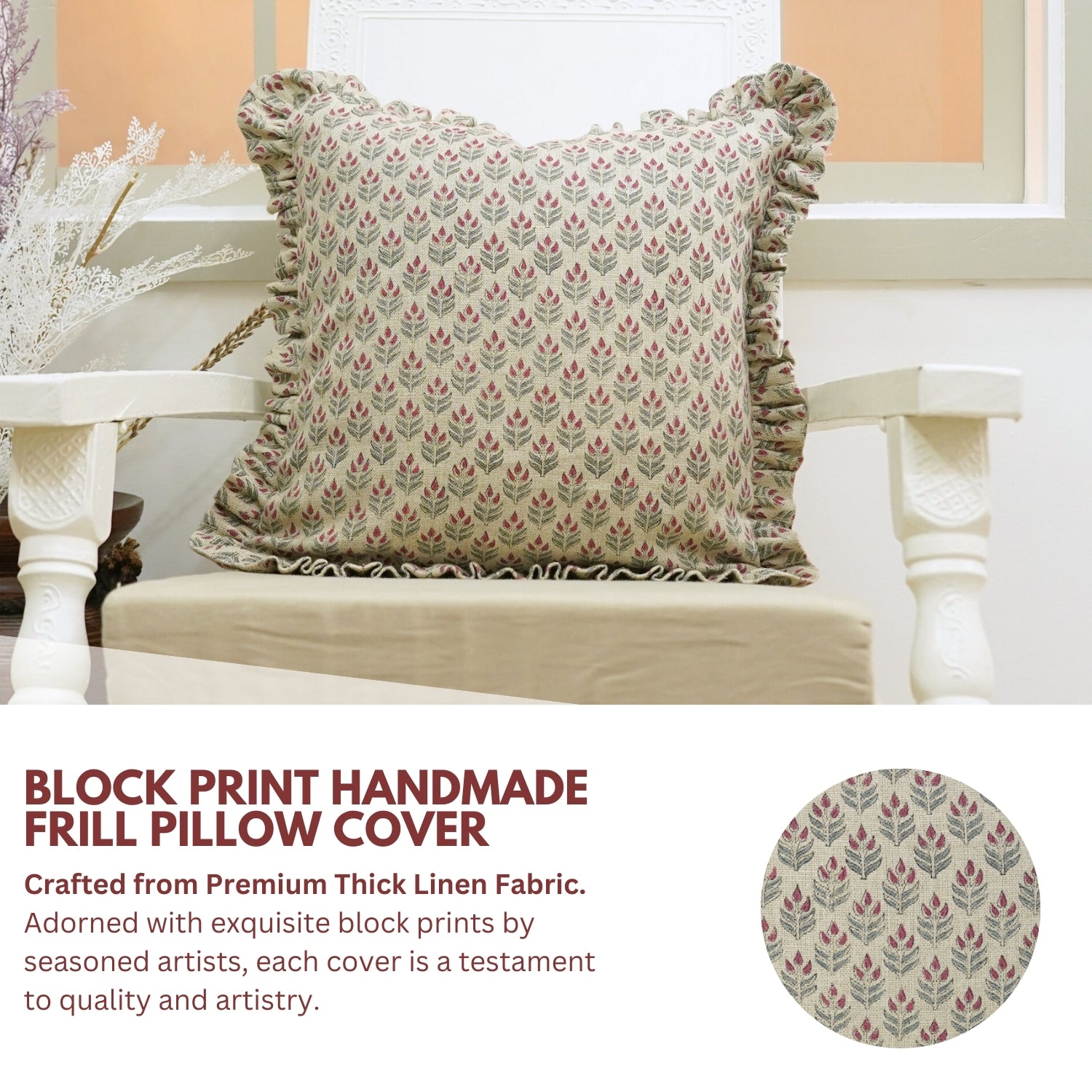 Block Printed Floral Living Room Thick Linen Frill Pillow Cover - Alia