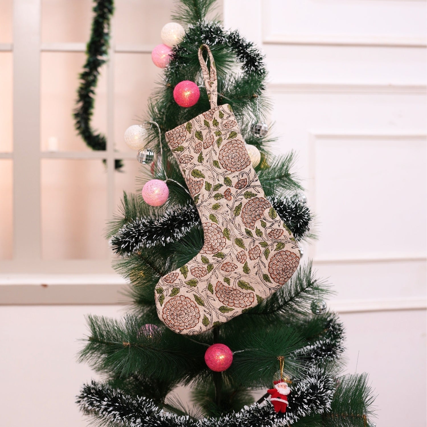 Block Printed Karwachauth Green & Brown Floral Thick Linen Christmas Stockings Indian Festive Decor with Charming Pom Pom Detailing