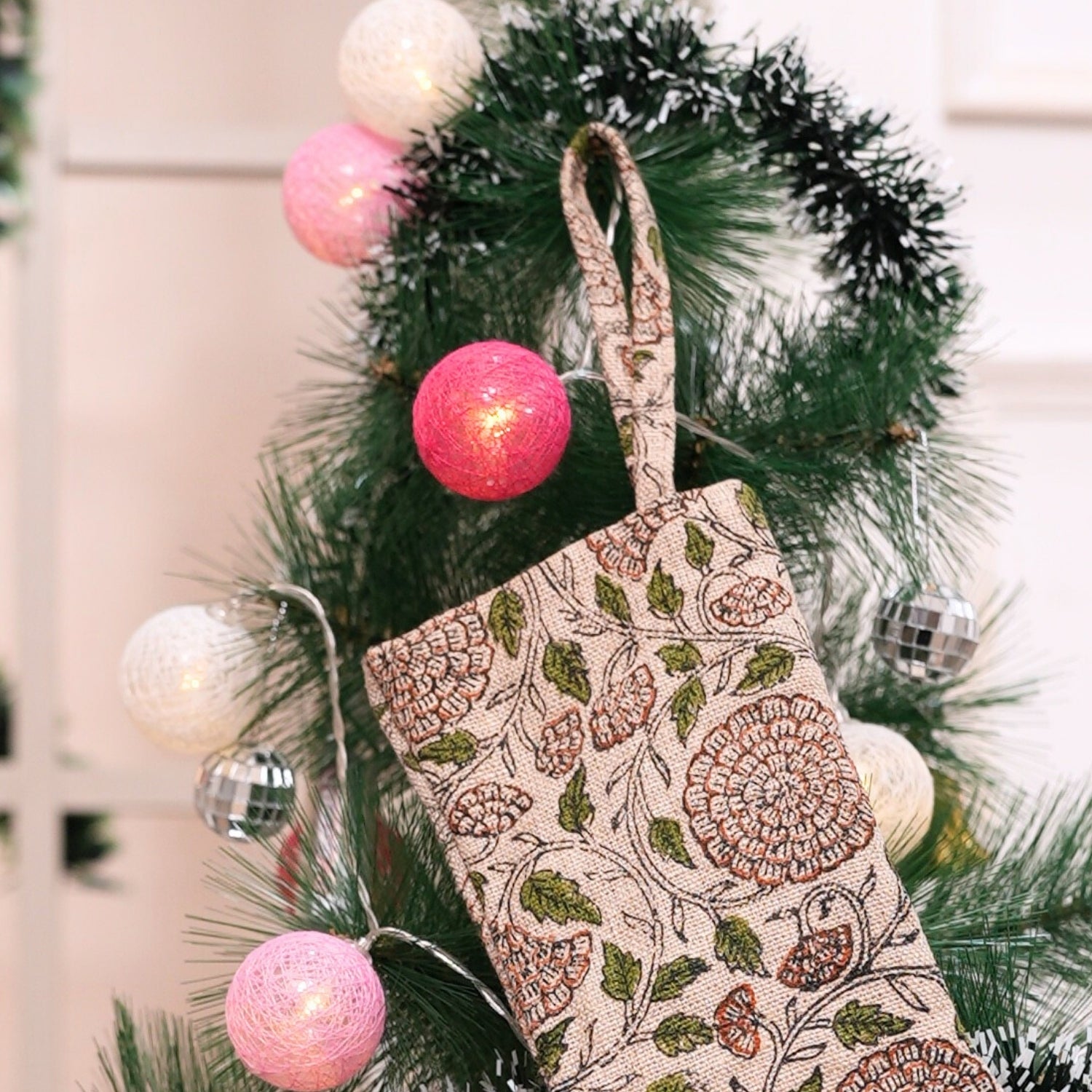 Block Printed Karwachauth Green & Brown Floral Thick Linen Christmas Stockings Indian Festive Decor with Charming Pom Pom Detailing