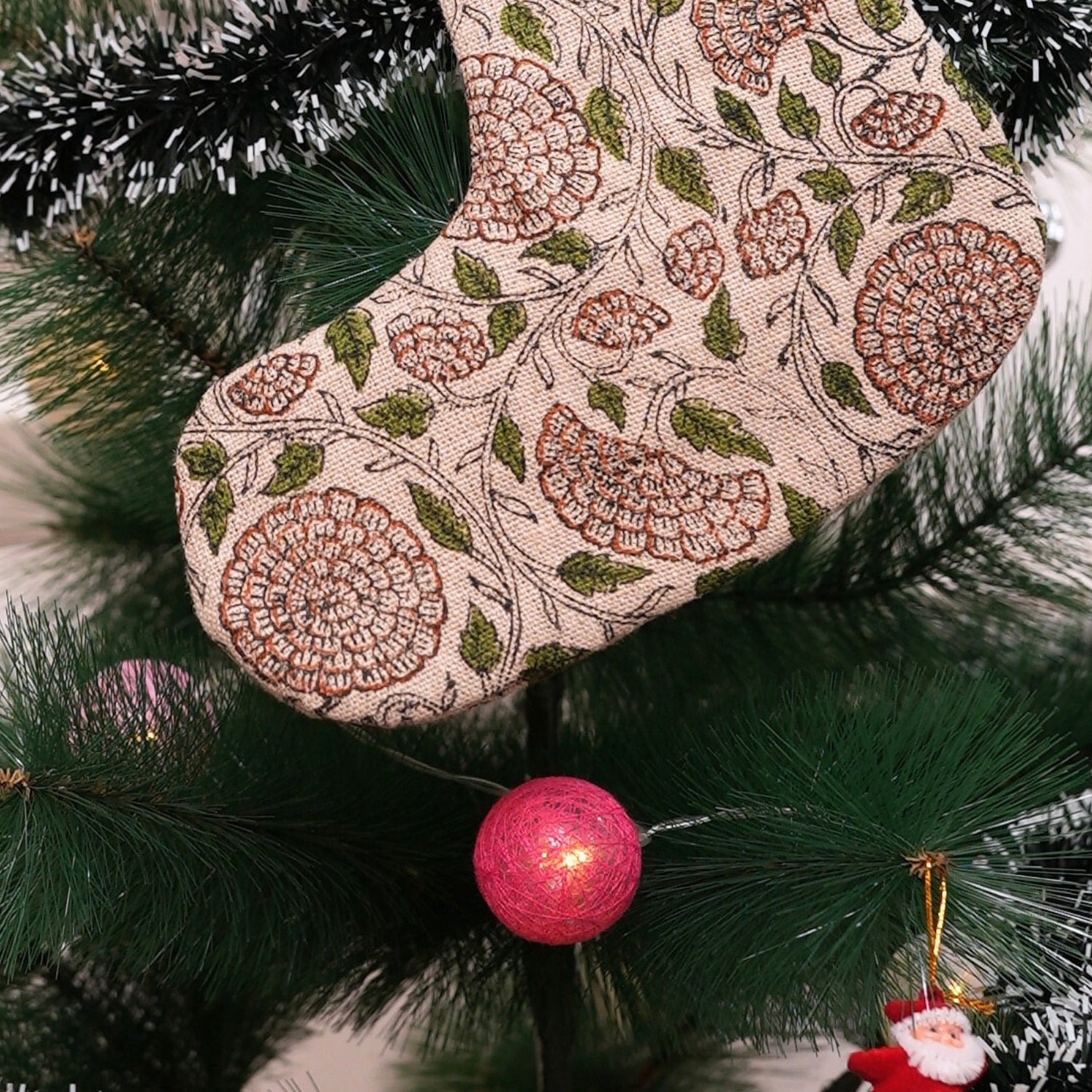 Block Printed Karwachauth Green & Brown Floral Thick Linen Christmas Stockings Indian Festive Decor with Charming Pom Pom Detailing
