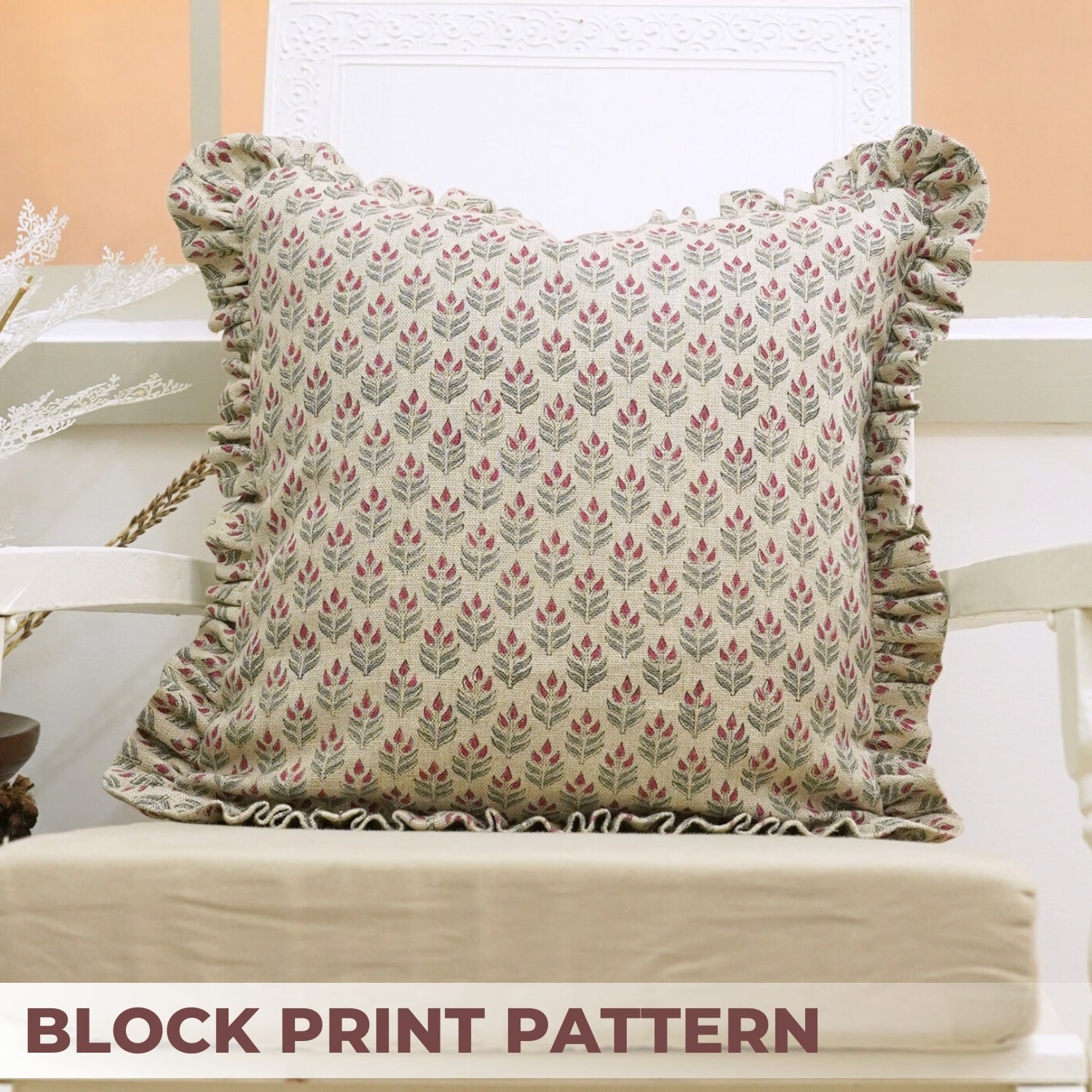 Block Printed Floral Living Room Thick Linen Frill Pillow Cover - Alia