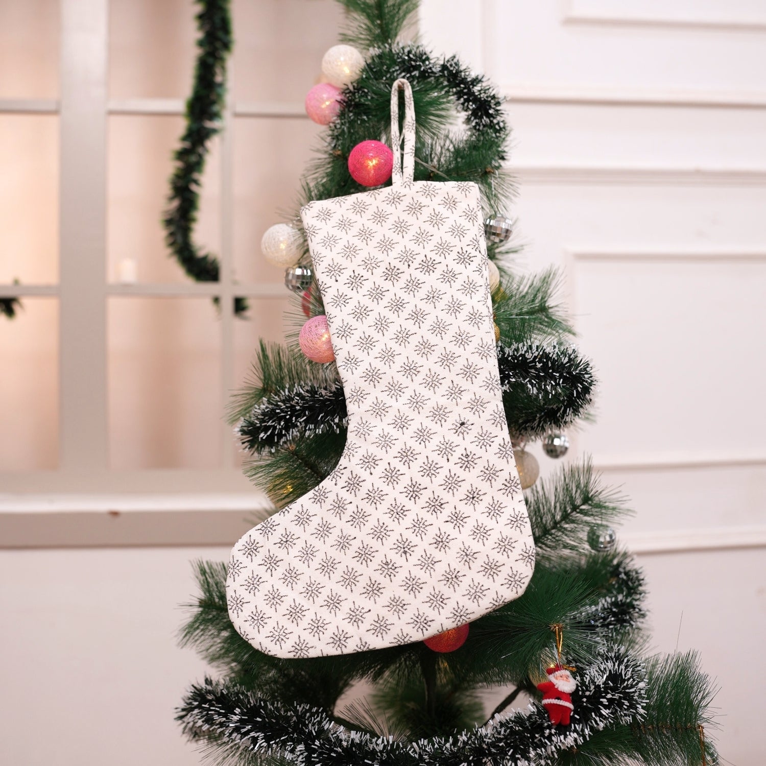Artisan-Made Black Thick Cotton White Block Printed Chingari Christmas Stockings Traditional with Festive Elegance & Pom Pom