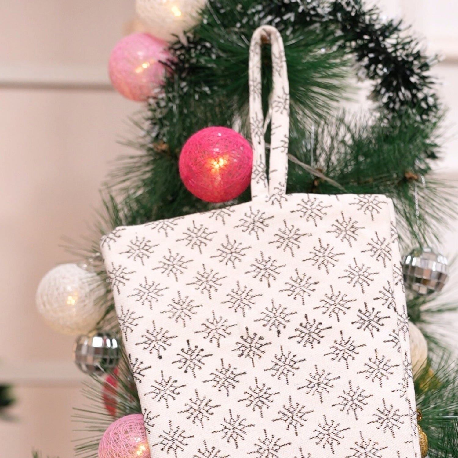 Artisan-Made Black Thick Cotton White Block Printed Chingari Christmas Stockings Traditional with Festive Elegance & Pom Pom