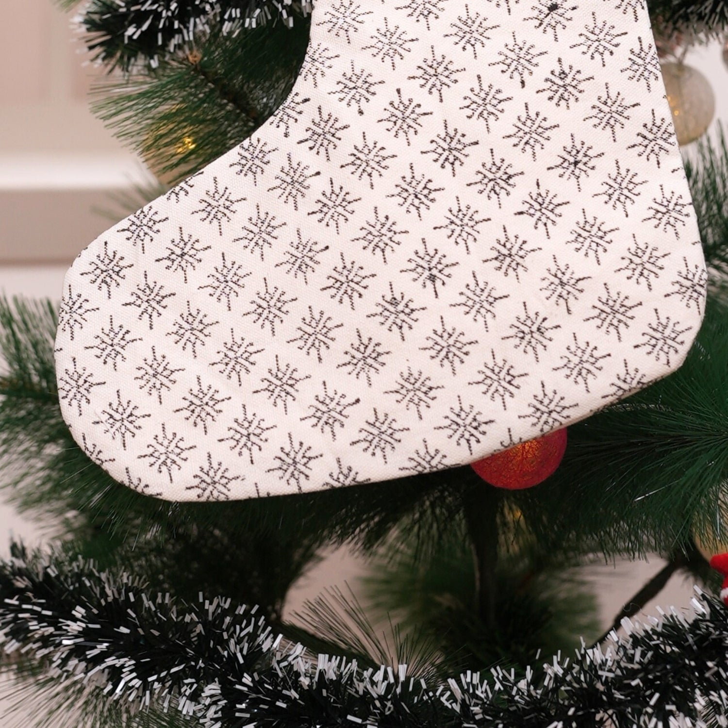 Artisan-Made Black Thick Cotton White Block Printed Chingari Christmas Stockings Traditional with Festive Elegance & Pom Pom