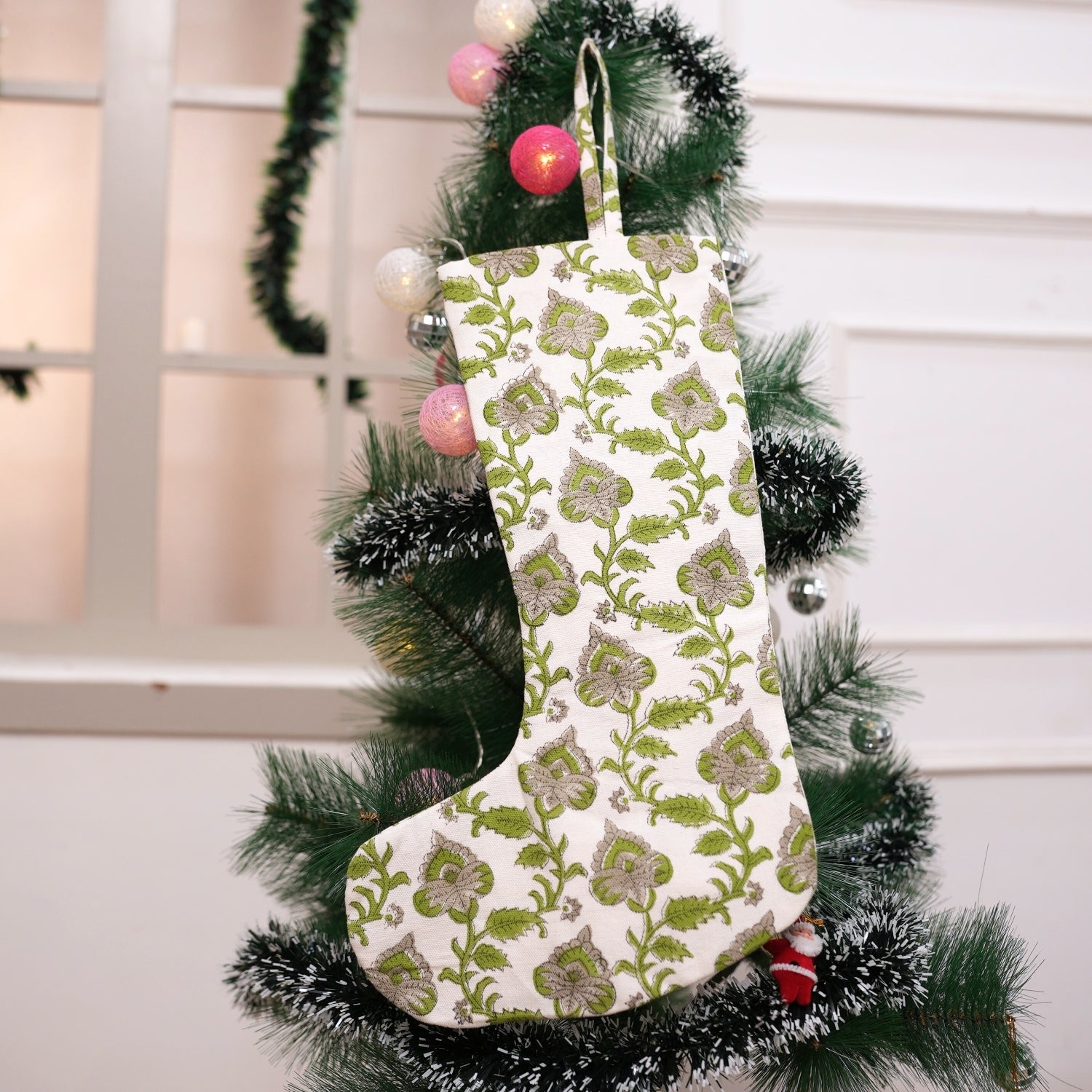 Indian Block Printed Green & Grullo Floral Christmas Stockings on Thick Cotton White Handcrafted Holiday Decor with Pompom Mdhubala Design