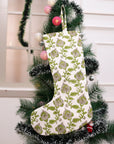 Indian Block Printed Green & Grullo Floral Christmas Stockings on Thick Cotton White Handcrafted Holiday Decor with Pompom Mdhubala Design