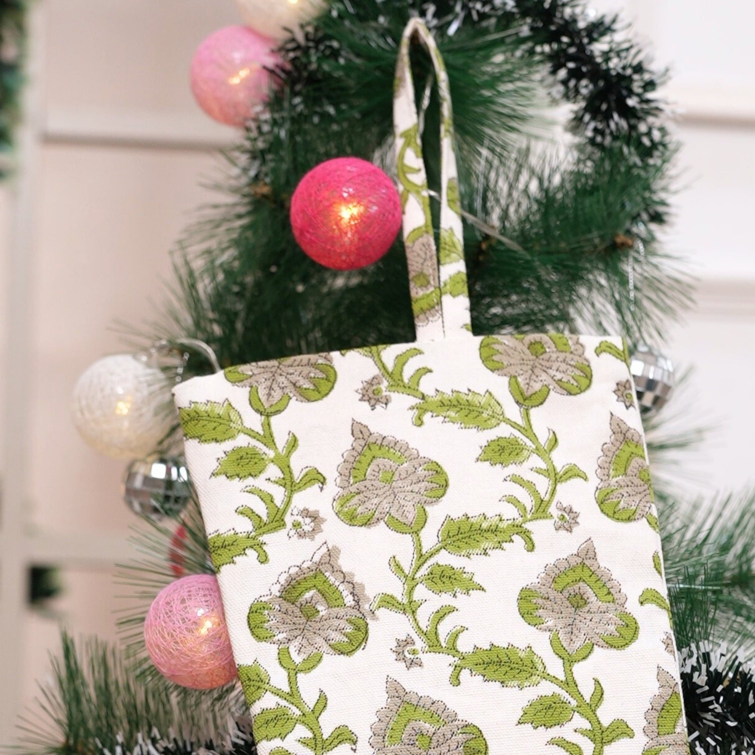 Indian Block Printed Green & Grullo Floral Christmas Stockings on Thick Cotton White Handcrafted Holiday Decor with Pompom Mdhubala Design