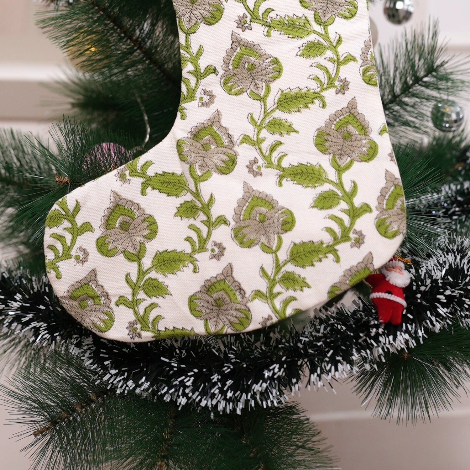 Indian Block Printed Green & Grullo Floral Christmas Stockings on Thick Cotton White Handcrafted Holiday Decor with Pompom Mdhubala Design
