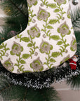 Indian Block Printed Green & Grullo Floral Christmas Stockings on Thick Cotton White Handcrafted Holiday Decor with Pompom Mdhubala Design
