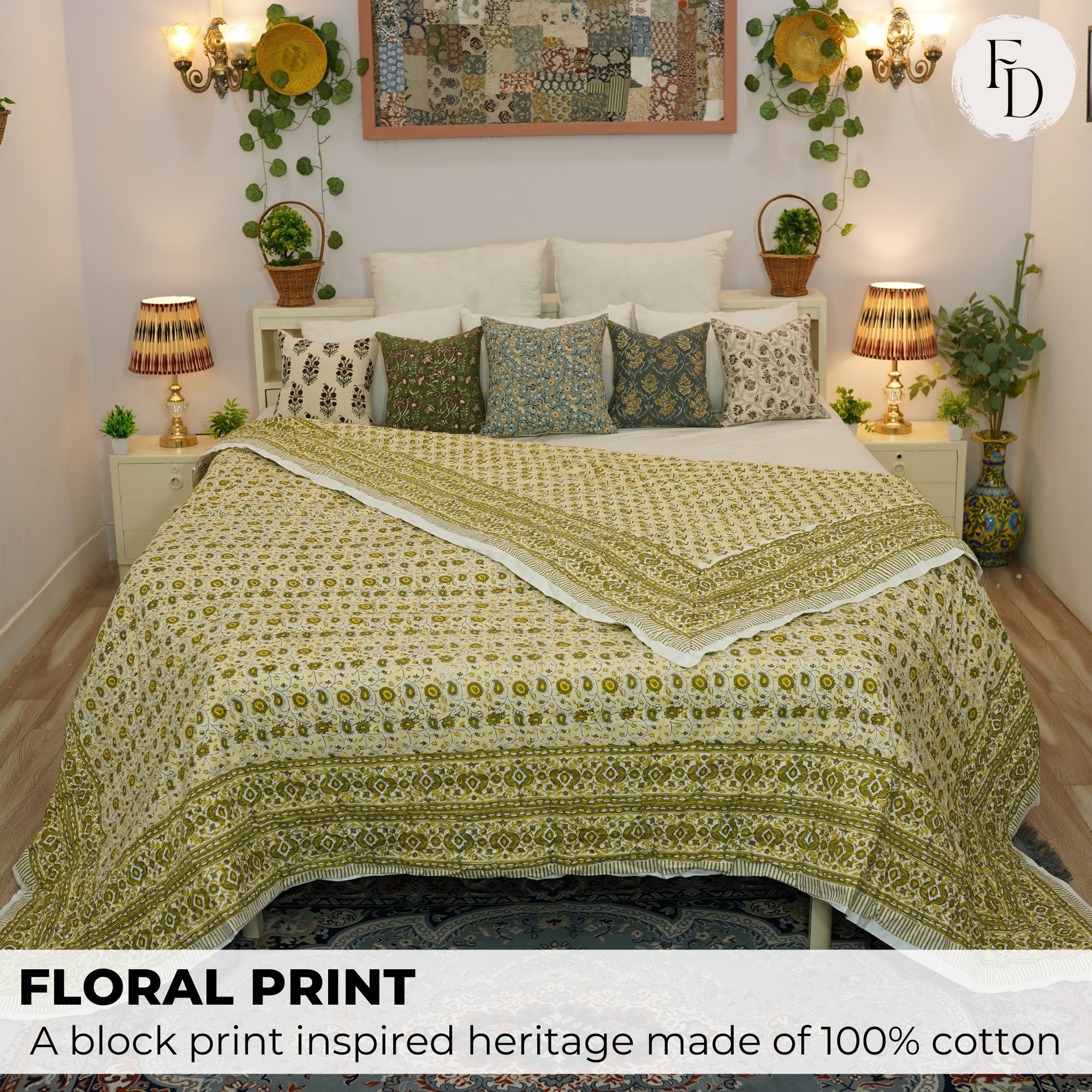 Serene Blooms Hand Block Printed Cotton Quilt - Timeless Elegance &amp; Comfort