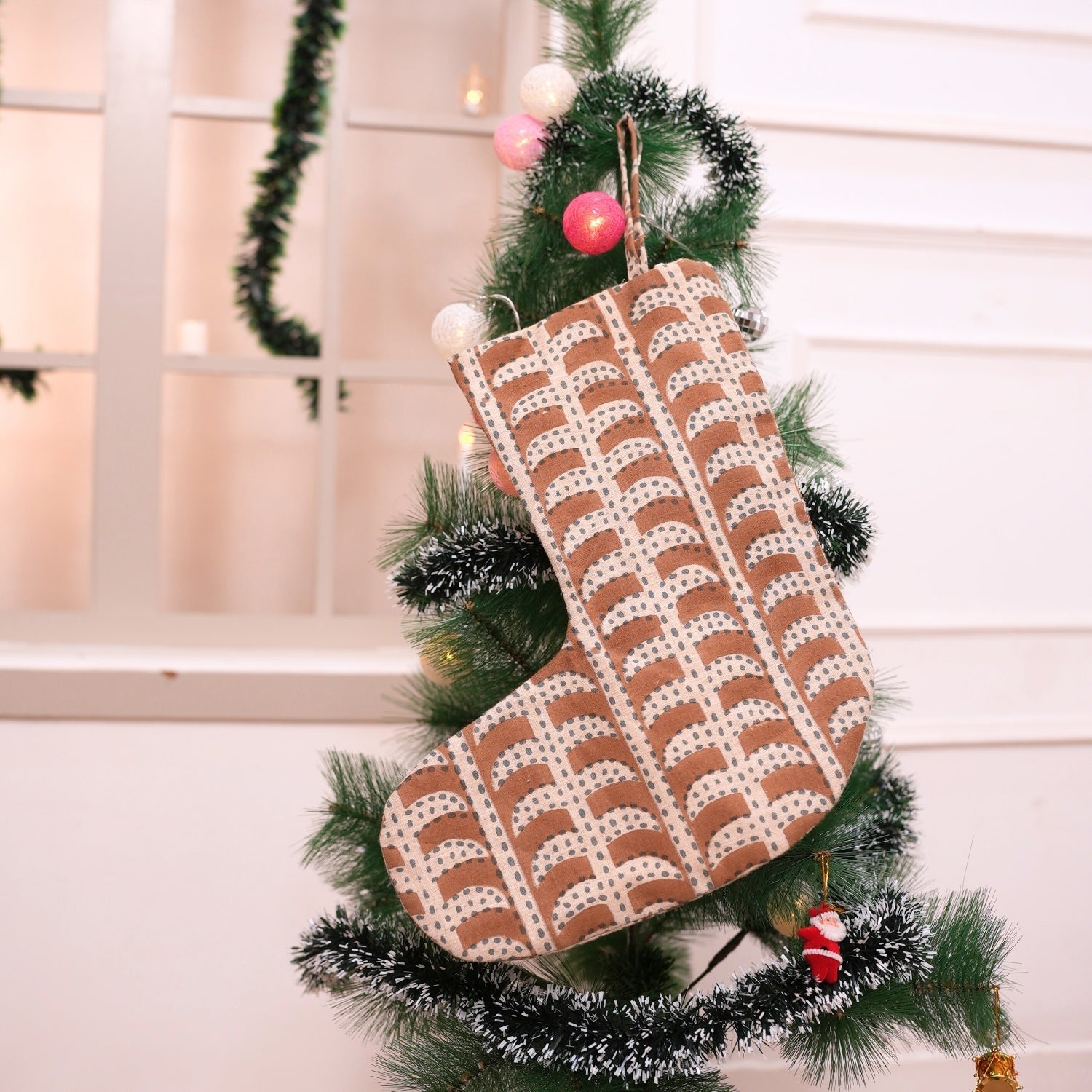 Handcrafted Garud Brown & Gray Linen Blend Block Printed Christmas Stockings with Timeless Elegant Pom Pom Detailing